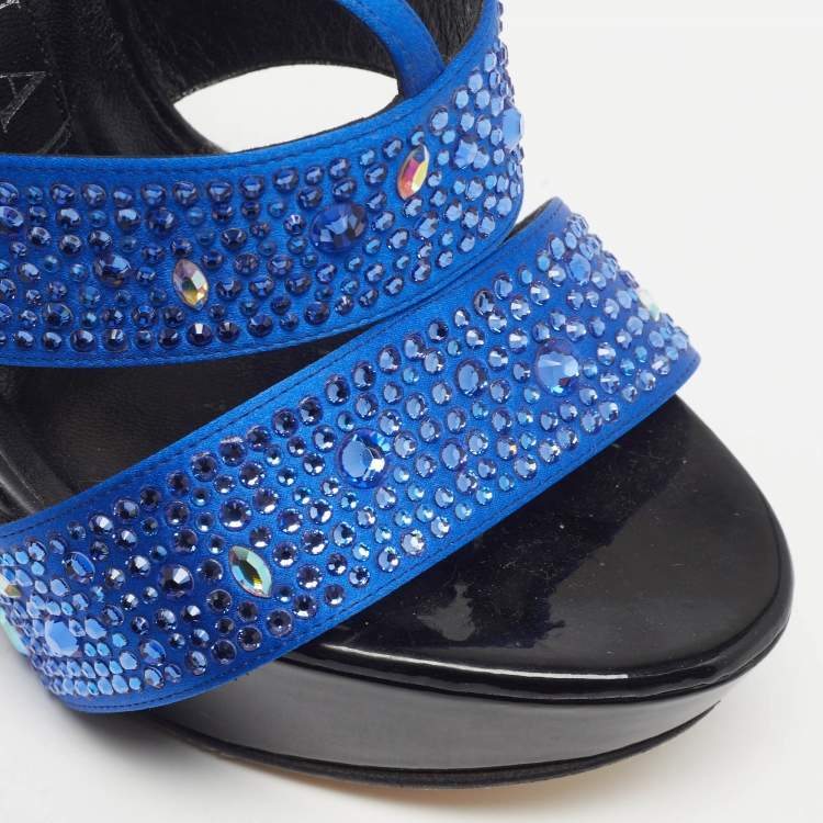 Pre Owned Gina Alicia Cobalt Size 37 Blue/Black Satin Platform Sandals