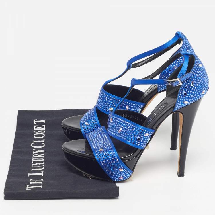 Pre Owned Gina Alicia Cobalt Size 37 Blue/Black Satin Platform Sandals