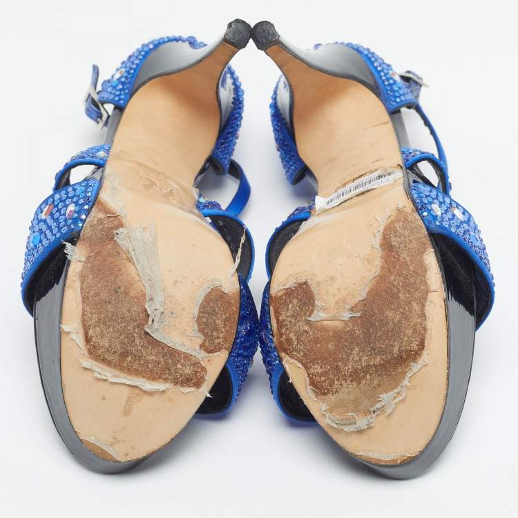 Pre Owned Gina Alicia Cobalt Size 37 Blue/Black Satin Platform Sandals