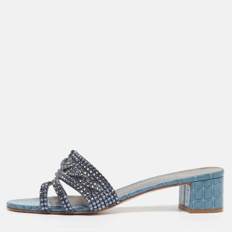 Pre Owned Gina Rodeo Size 42 Blue Croc Embossed Leather Slide Sandals