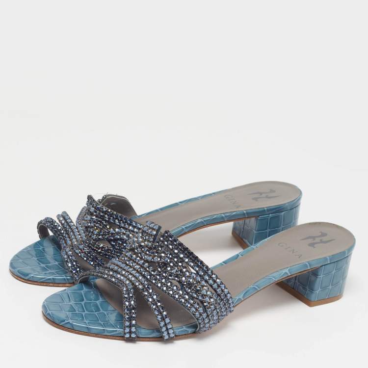 Pre Owned Gina Rodeo Size 42 Blue Croc Embossed Leather Slide Sandals