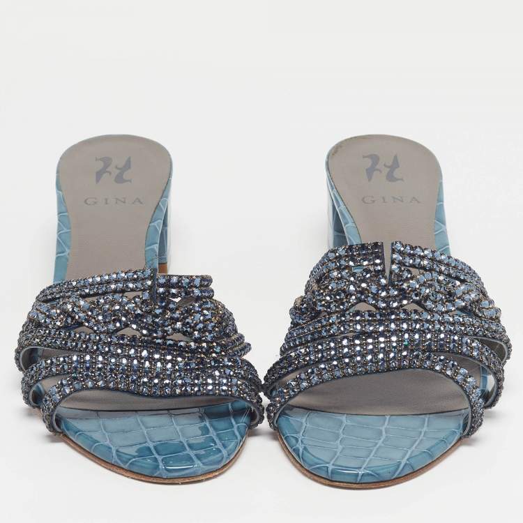 Pre Owned Gina Rodeo Size 42 Blue Croc Embossed Leather Slide Sandals