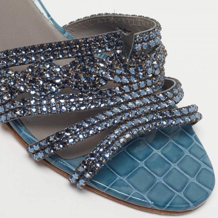Pre Owned Gina Rodeo Size 42 Blue Croc Embossed Leather Slide Sandals