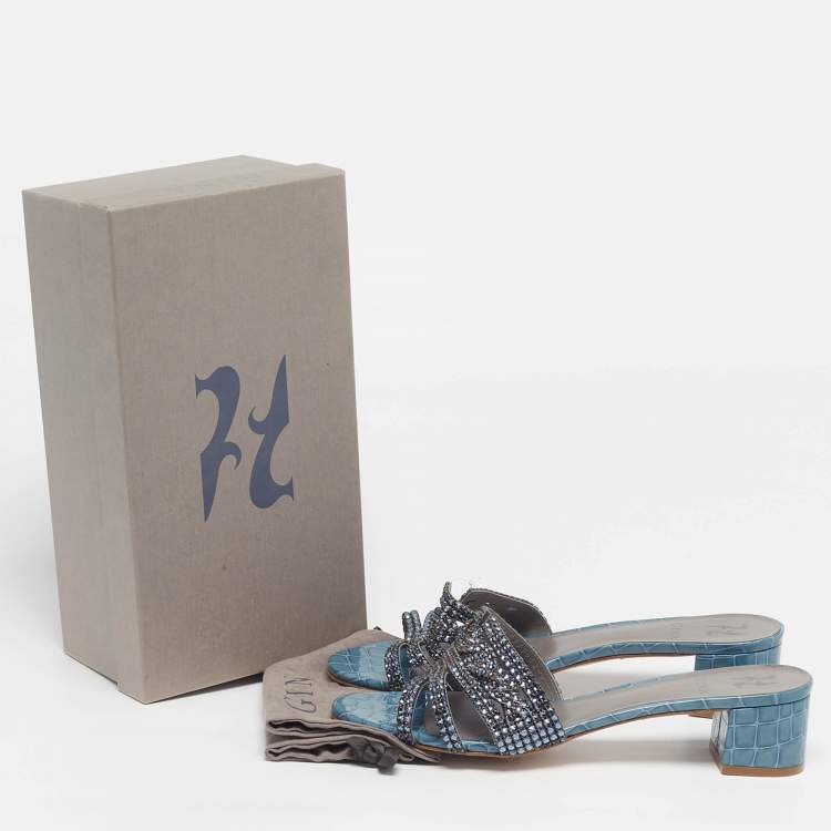 Pre Owned Gina Rodeo Size 42 Blue Croc Embossed Leather Slide Sandals