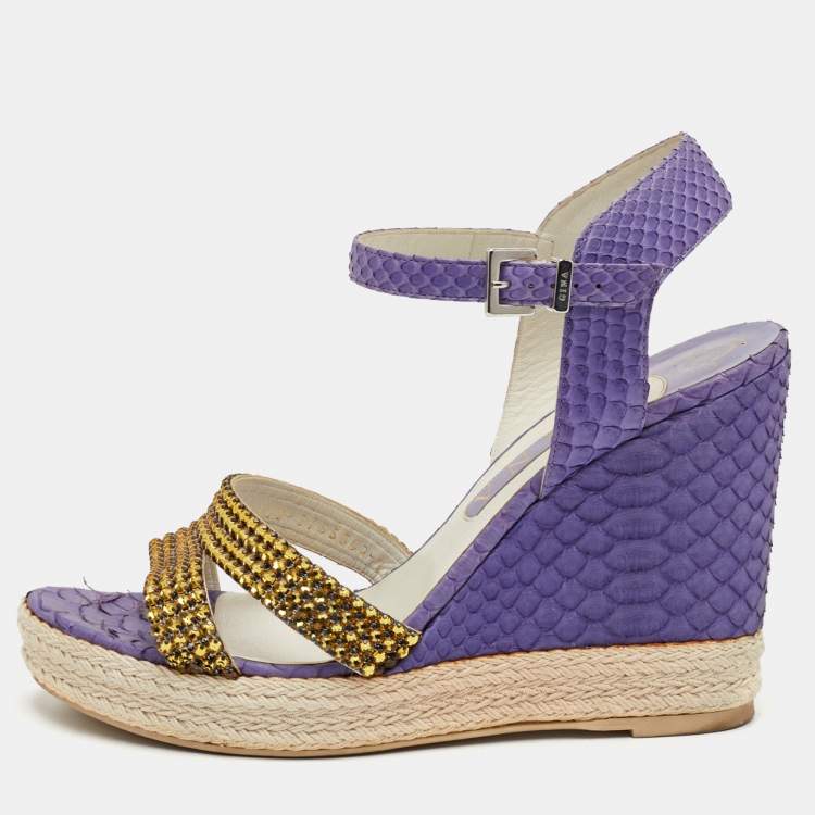 Pre Owned Gina Size 40 Purple Python Leather Crystal Embellished Platform Wedge Ankle Strap Sandals