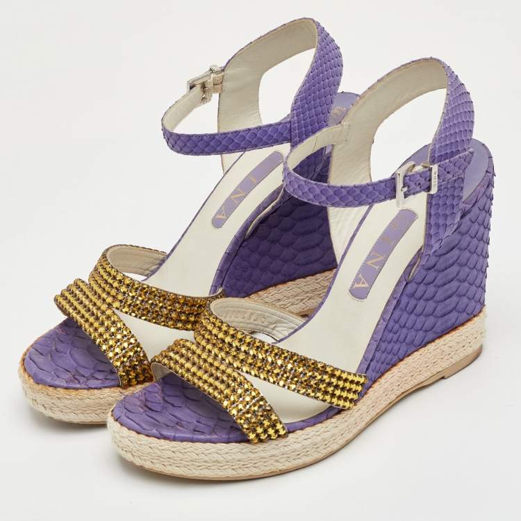 Pre Owned Gina Size 40 Purple Python Leather Crystal Embellished Platform Wedge Ankle Strap Sandals