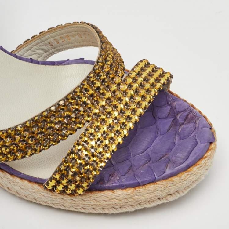 Pre Owned Gina Size 40 Purple Python Leather Crystal Embellished Platform Wedge Ankle Strap Sandals