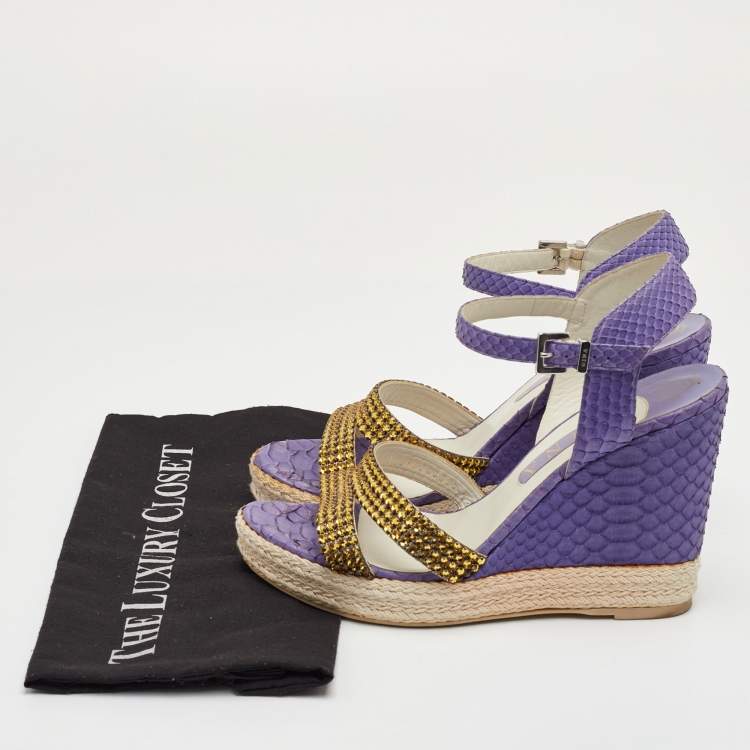 Pre Owned Gina Size 40 Purple Python Leather Crystal Embellished Platform Wedge Ankle Strap Sandals