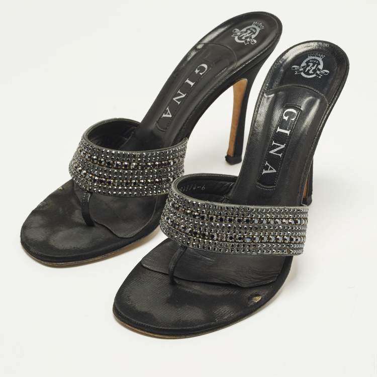Pre Owned Gina Size 39 Black Leather Crystal Embellished Thong Slide Sandals