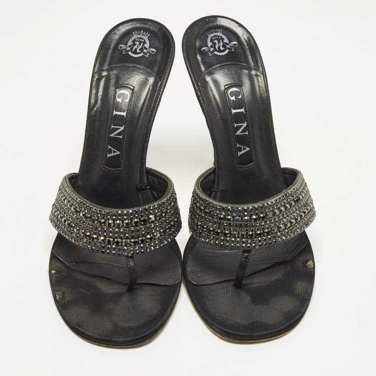 Pre Owned Gina Size 39 Black Leather Crystal Embellished Thong Slide Sandals