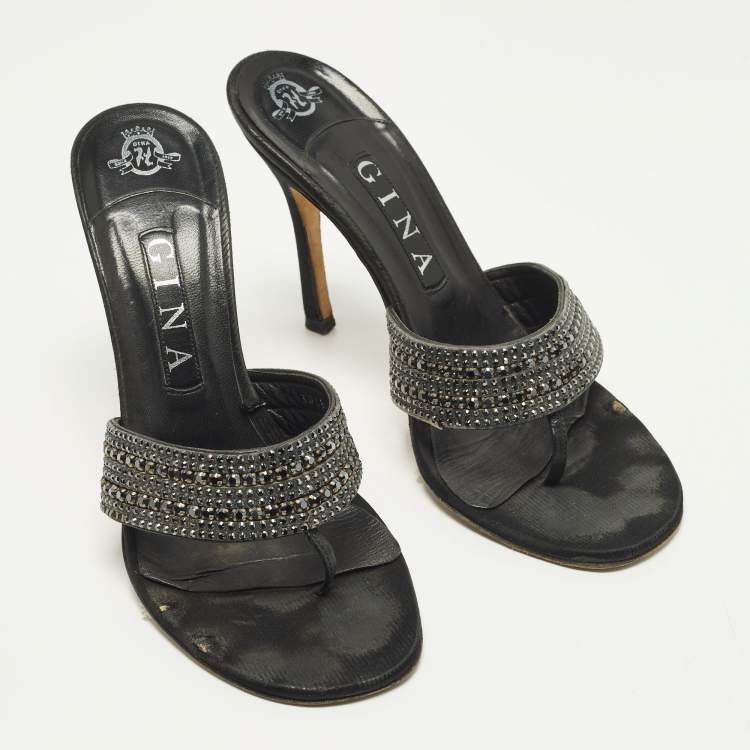 Pre Owned Gina Size 39 Black Leather Crystal Embellished Thong Slide Sandals