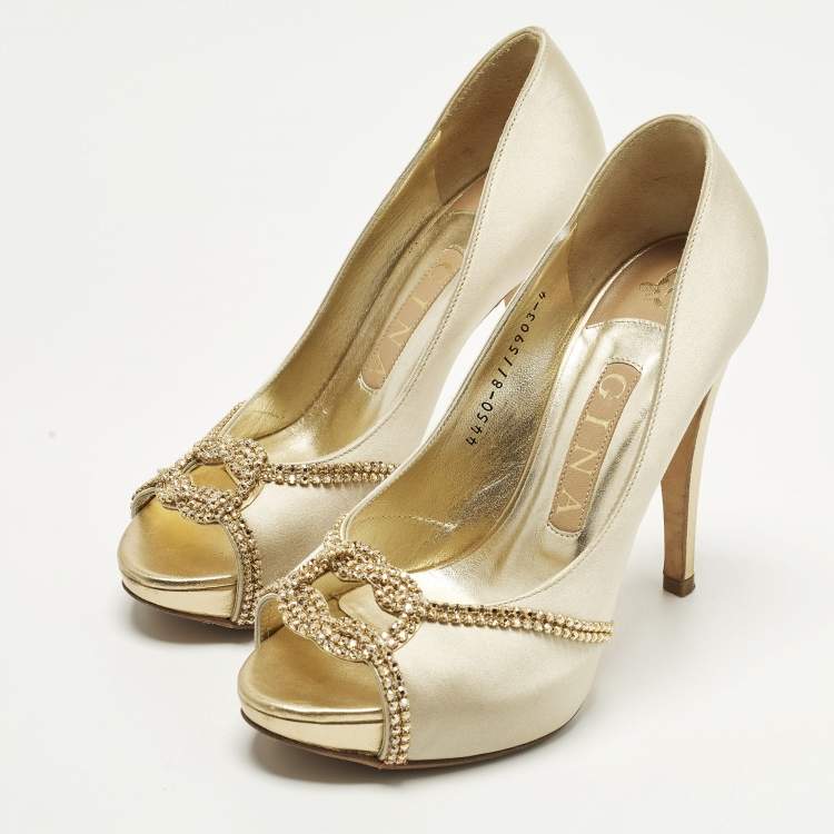 Pre Owned Gina Size 37 Gold Leather and Satin Crystal Embellished Platform Pumps