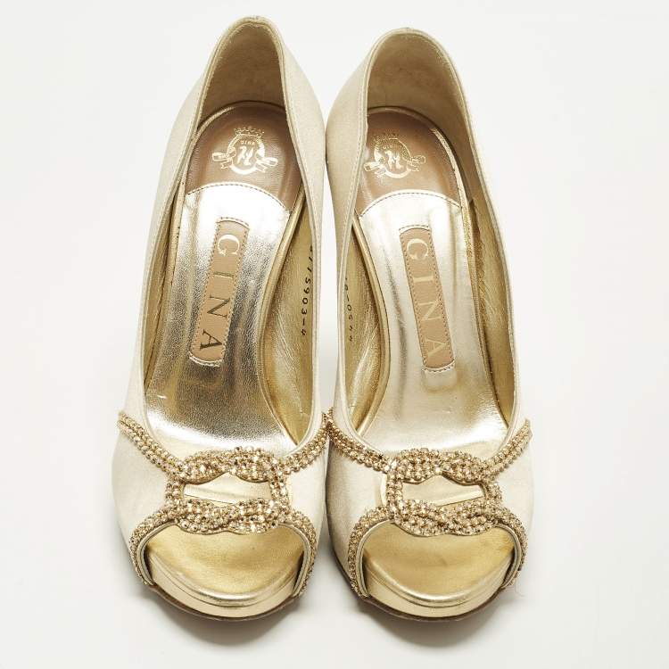 Pre Owned Gina Size 37 Gold Leather and Satin Crystal Embellished Platform Pumps