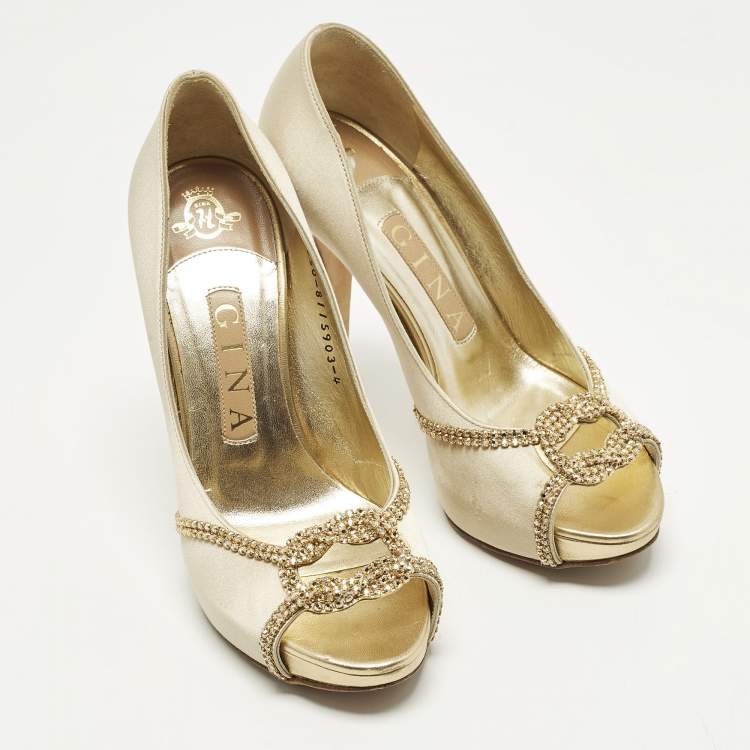 Pre Owned Gina Size 37 Gold Leather and Satin Crystal Embellished Platform Pumps