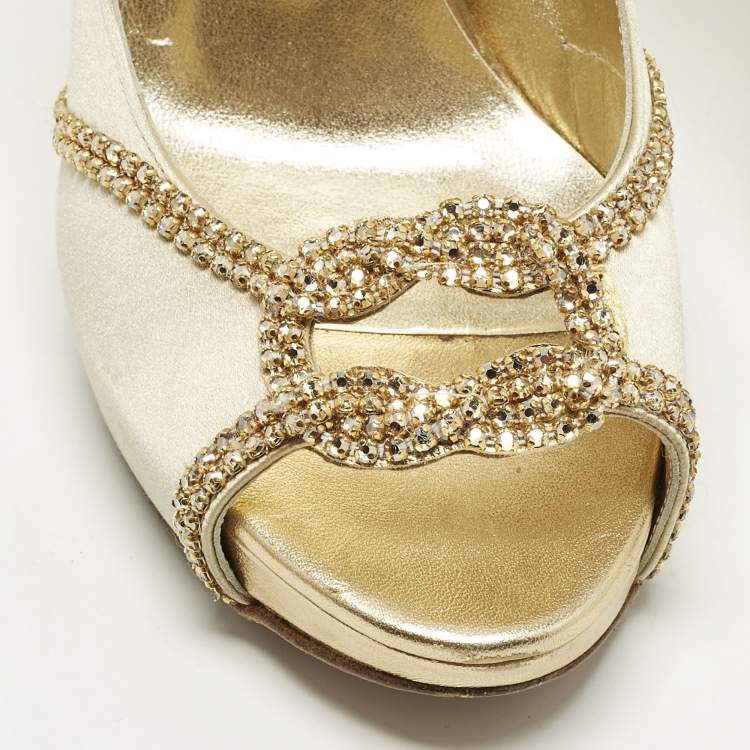 Pre Owned Gina Size 37 Gold Leather and Satin Crystal Embellished Platform Pumps