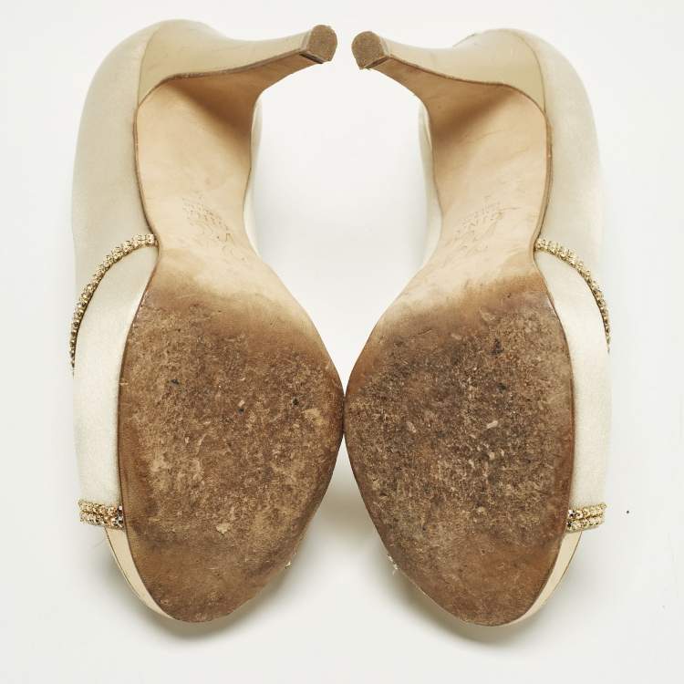 Pre Owned Gina Size 37 Gold Leather and Satin Crystal Embellished Platform Pumps