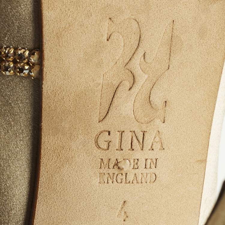 Pre Owned Gina Size 37 Gold Leather and Satin Crystal Embellished Platform Pumps