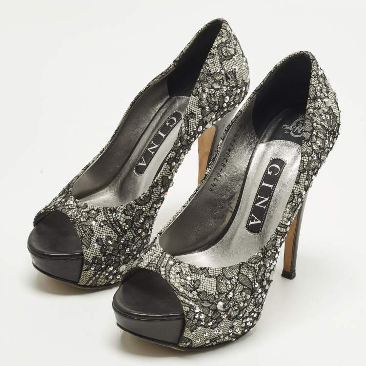 Pre Owned Gina Size 37 Grey/Black Satin and Lace Crystal Embellished Platform Peep Toe Pumps