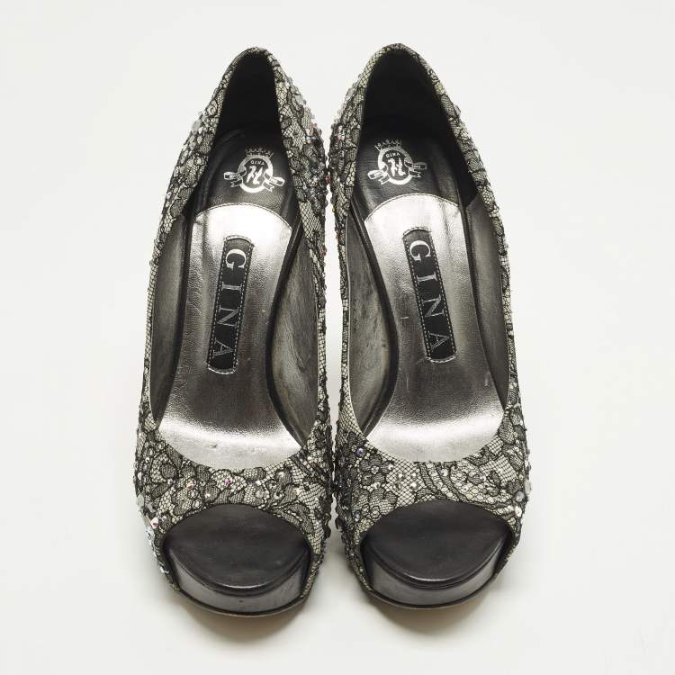 Pre Owned Gina Size 37 Grey/Black Satin and Lace Crystal Embellished Platform Peep Toe Pumps