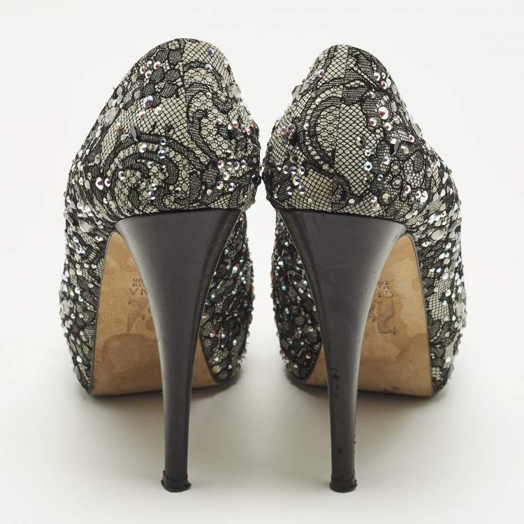 Pre Owned Gina Size 37 Grey/Black Satin and Lace Crystal Embellished Platform Peep Toe Pumps