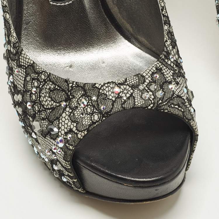 Pre Owned Gina Size 37 Grey/Black Satin and Lace Crystal Embellished Platform Peep Toe Pumps