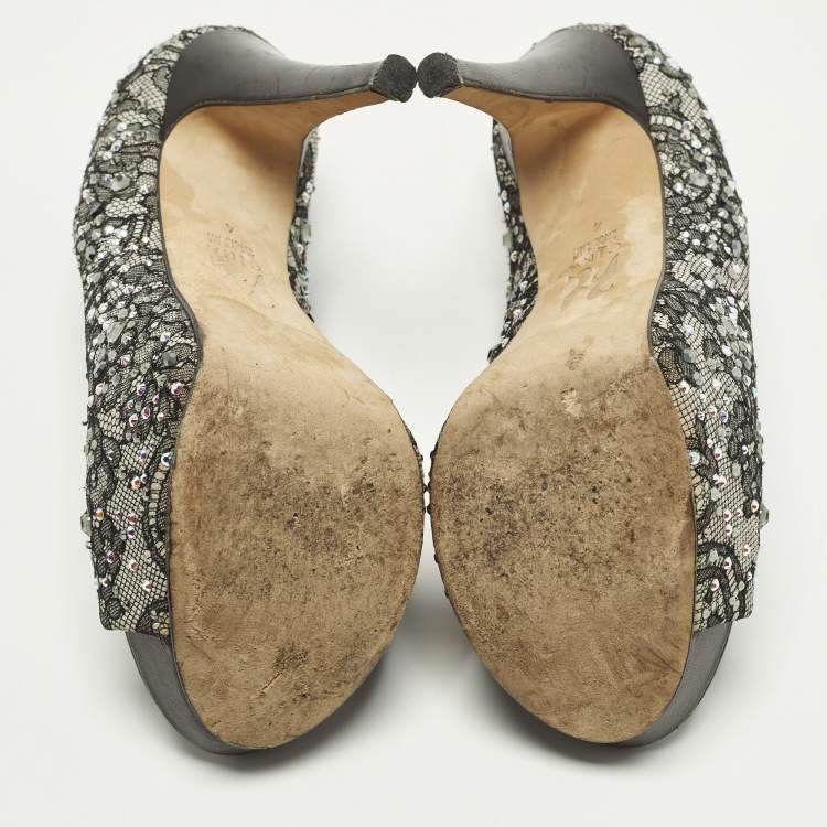 Pre Owned Gina Size 37 Grey/Black Satin and Lace Crystal Embellished Platform Peep Toe Pumps