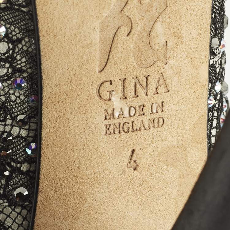 Pre Owned Gina Size 37 Grey/Black Satin and Lace Crystal Embellished Platform Peep Toe Pumps