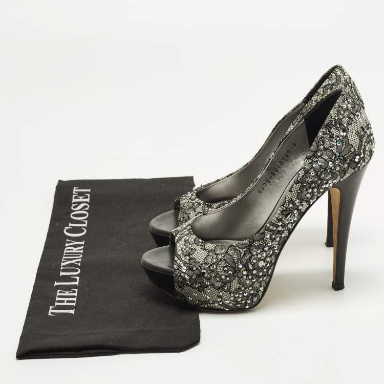 Pre Owned Gina Size 37 Grey/Black Satin and Lace Crystal Embellished Platform Peep Toe Pumps