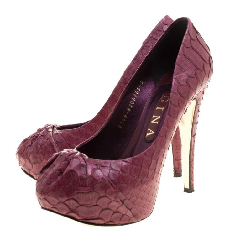 Pre Owned Gina Bordeaux Python Leather Elle Platform Pumps Size 38