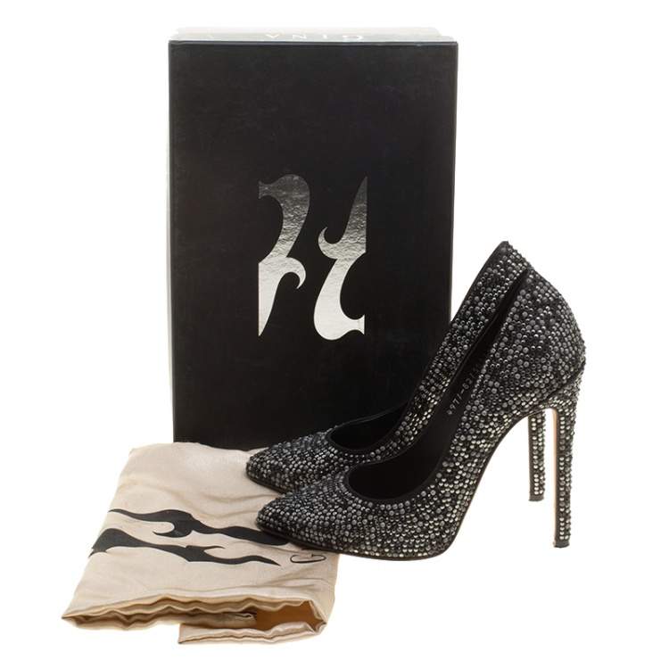 Pre Owned Gina Black Satin Anais Crystal Embellished Pumps Size 38