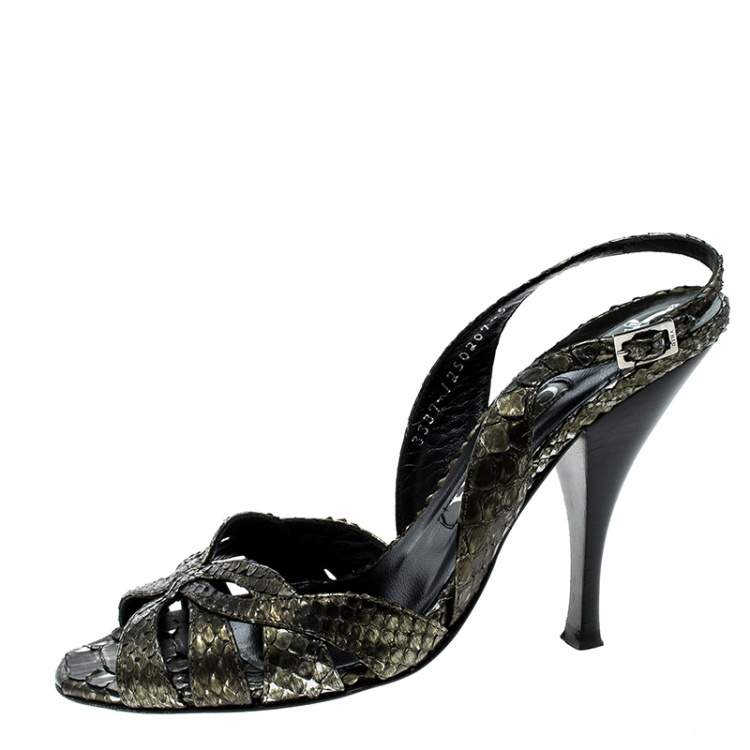 مملوكة مسبقًا Gina Metallic Green Python Leather Trudy Slingback Sandals Size 38