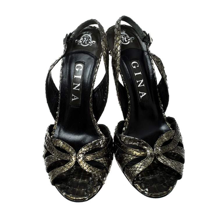 مملوكة مسبقًا Gina Metallic Green Python Leather Trudy Slingback Sandals Size 38