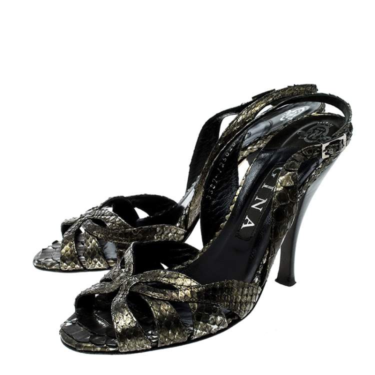 مملوكة مسبقًا Gina Metallic Green Python Leather Trudy Slingback Sandals Size 38