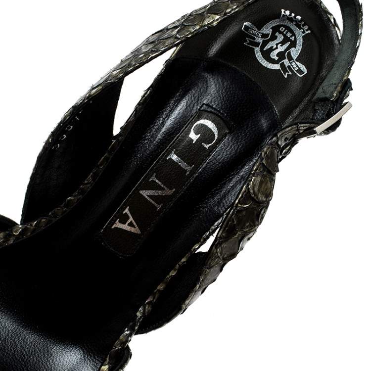مملوكة مسبقًا Gina Metallic Green Python Leather Trudy Slingback Sandals Size 38