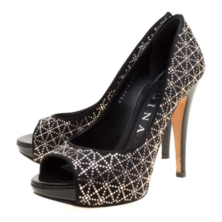 Pre Owned Gina Black Satin Crystal Embellished Peep Toe Platform Pumps Size 37