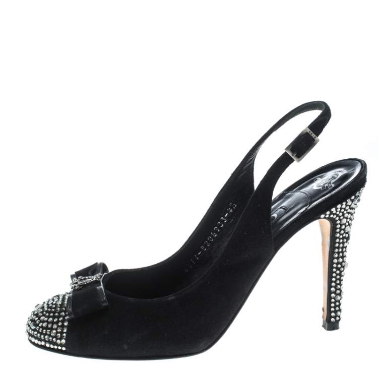 Pre Owned Gina Black Suede Crystal Embellished Cap Toe Slingback Sandals Size 37.5 
