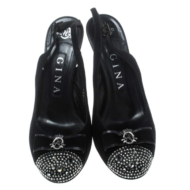 Pre Owned Gina Black Suede Crystal Embellished Cap Toe Slingback Sandals Size 37.5 