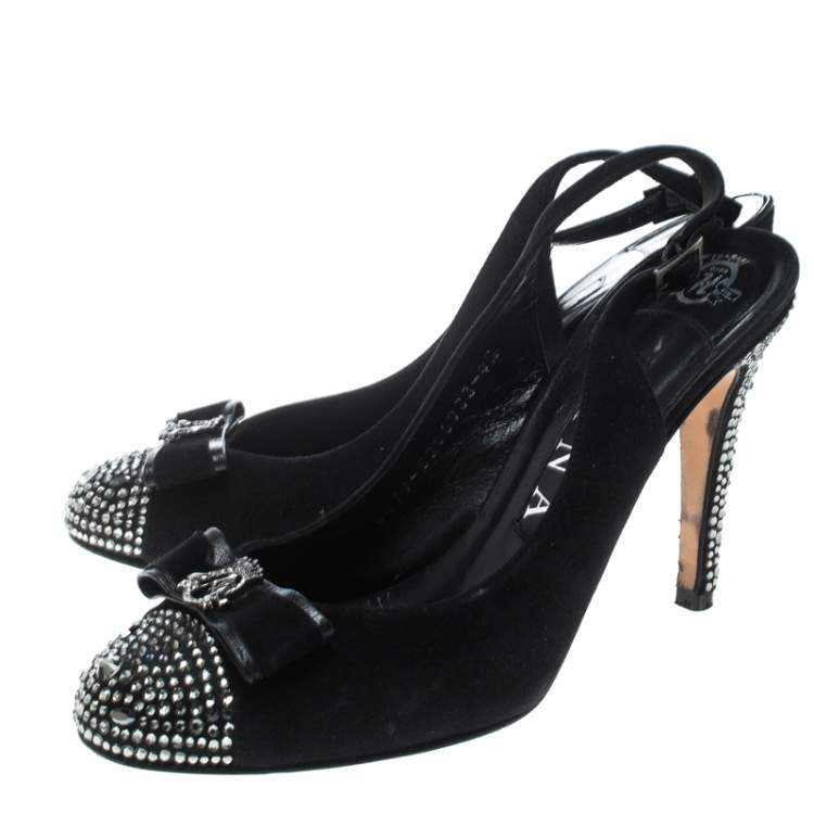 Pre Owned Gina Black Suede Crystal Embellished Cap Toe Slingback Sandals Size 37.5 