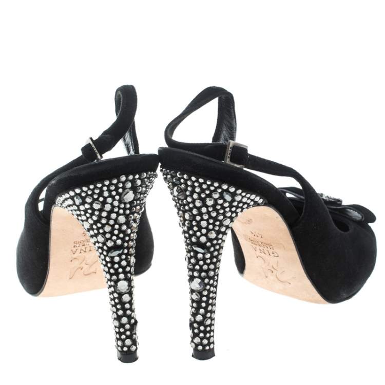 Pre Owned Gina Black Suede Crystal Embellished Cap Toe Slingback Sandals Size 37.5 