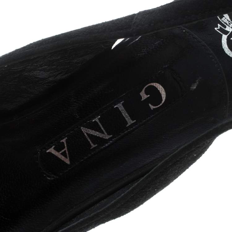 Pre Owned Gina Black Suede Crystal Embellished Cap Toe Slingback Sandals Size 37.5 