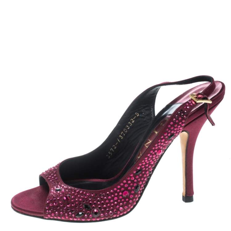 Pre Owned Gina Red Satin Crystal Embellished Peep Toe Slingback Sandals Size 38