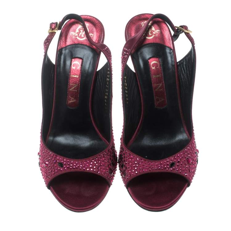 Pre Owned Gina Red Satin Crystal Embellished Peep Toe Slingback Sandals Size 38