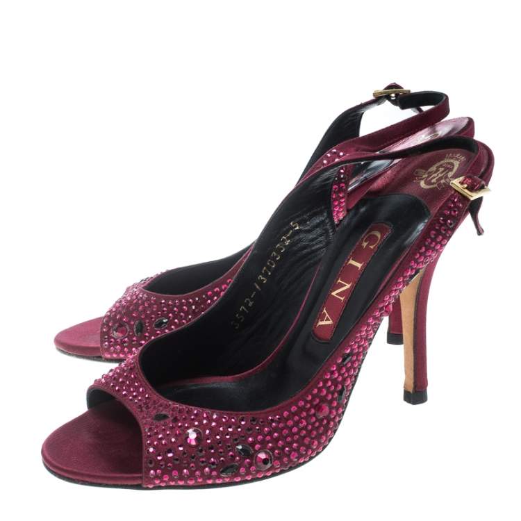 Pre Owned Gina Red Satin Crystal Embellished Peep Toe Slingback Sandals Size 38