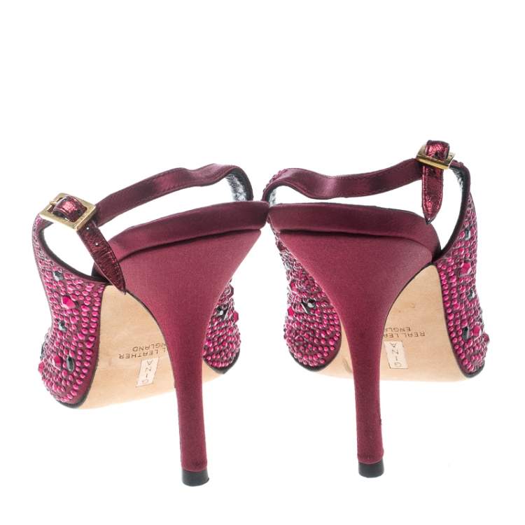 Pre Owned Gina Red Satin Crystal Embellished Peep Toe Slingback Sandals Size 38