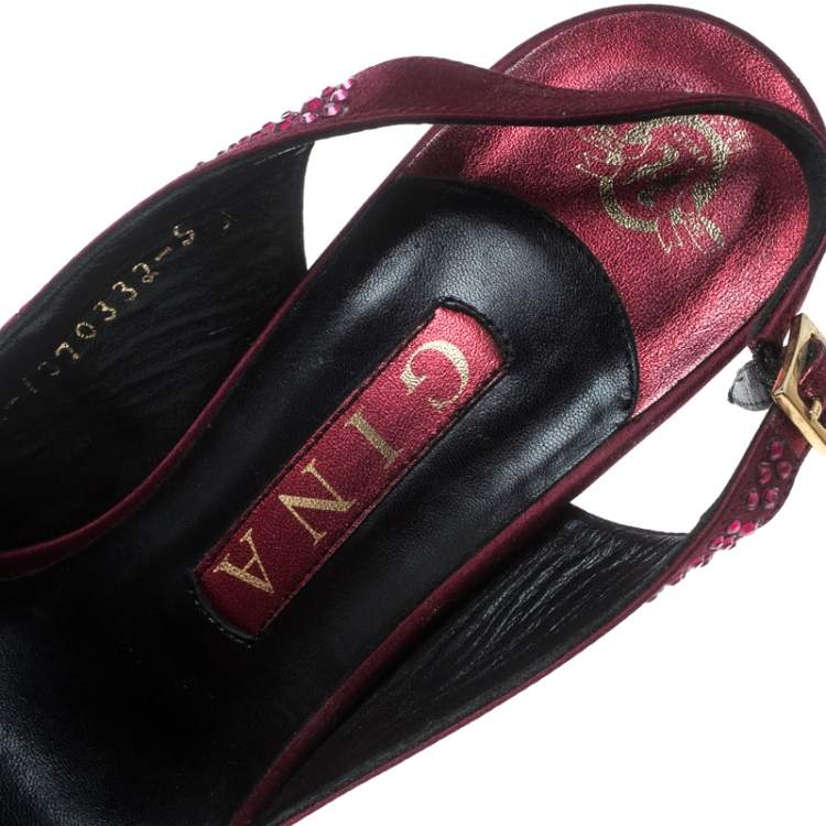 Pre Owned Gina Red Satin Crystal Embellished Peep Toe Slingback Sandals Size 38