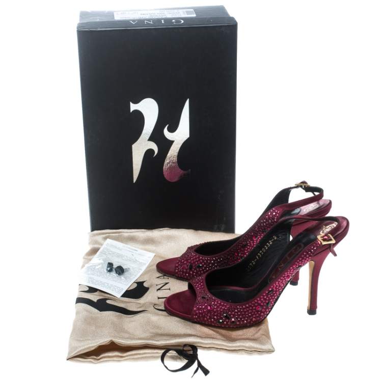 Pre Owned Gina Red Satin Crystal Embellished Peep Toe Slingback Sandals Size 38