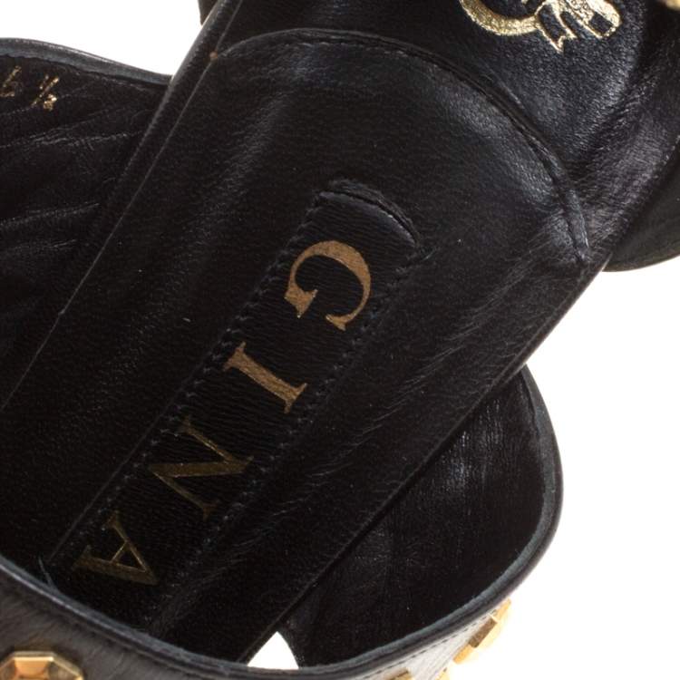Pre Owned Gina Black Leather Studded Ankle Strap Platform Sandals Size 39.5