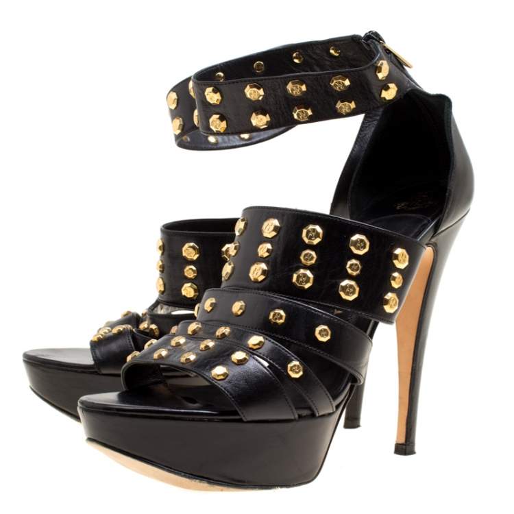 Pre Owned Gina Black Leather Studded Ankle Strap Platform Sandals Size 39.5