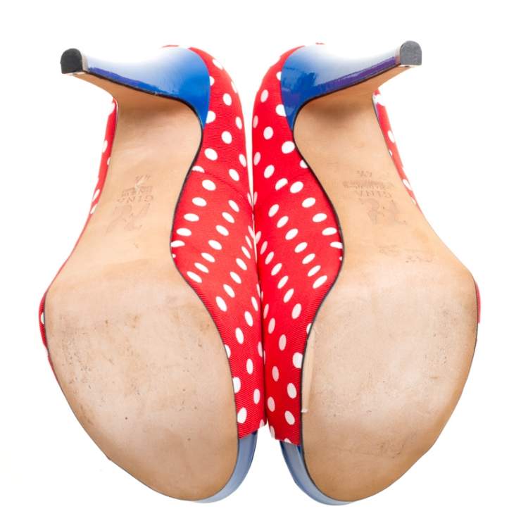 Pre Owned Gina Tricolor Polka Dot Print Canvas Peep Toe Platform Pumps Size 37.5