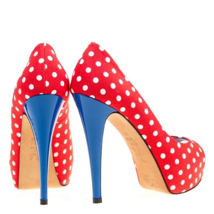 Pre Owned Gina Tricolor Polka Dot Print Canvas Peep Toe Platform Pumps Size 37.5